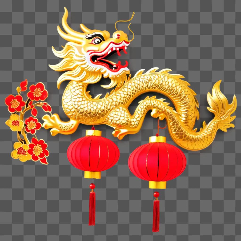 Chinese New Year decoration features a dragon, red lanterns, and cherry blossoms