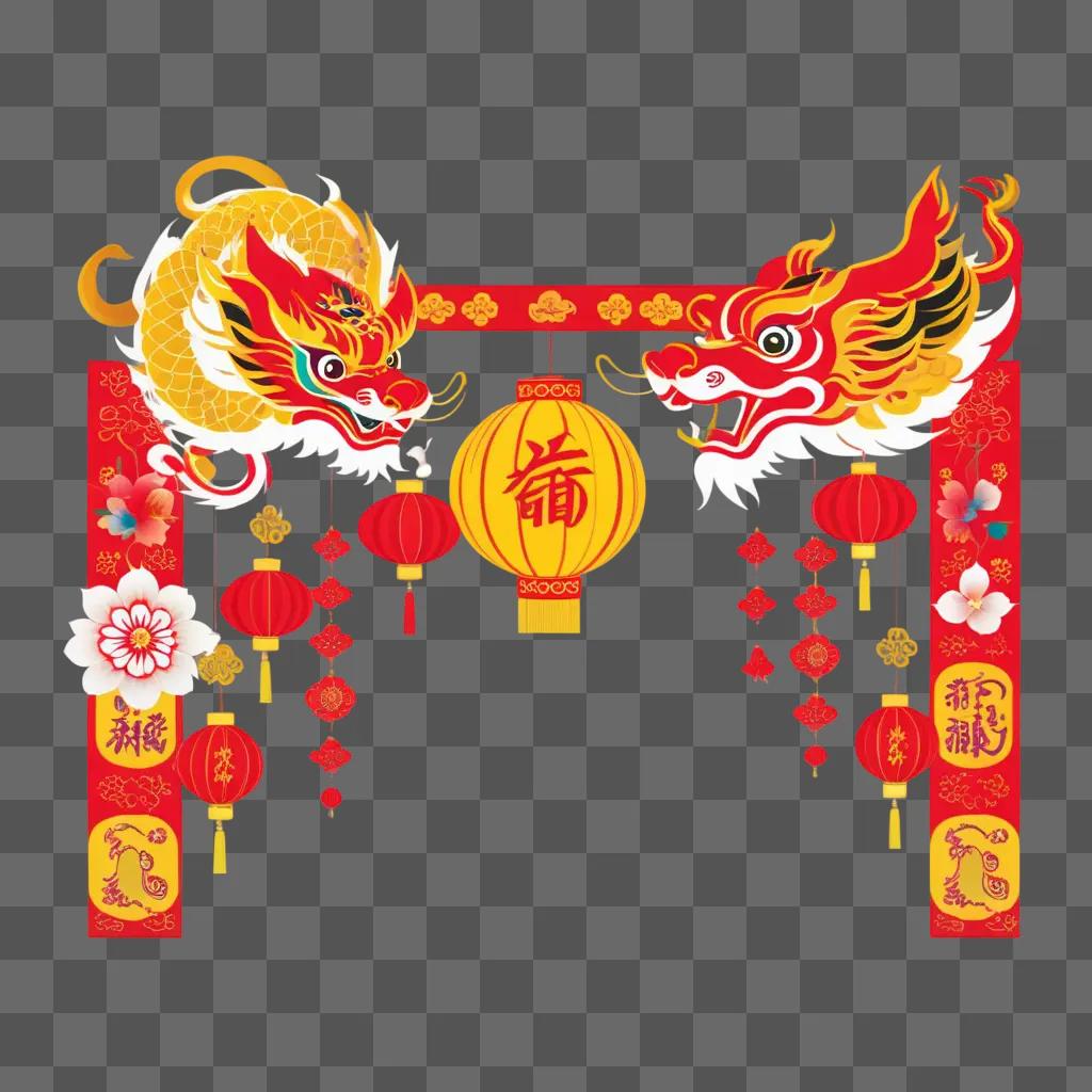 Chinese New Year decoration featuring a dragon and lanterns