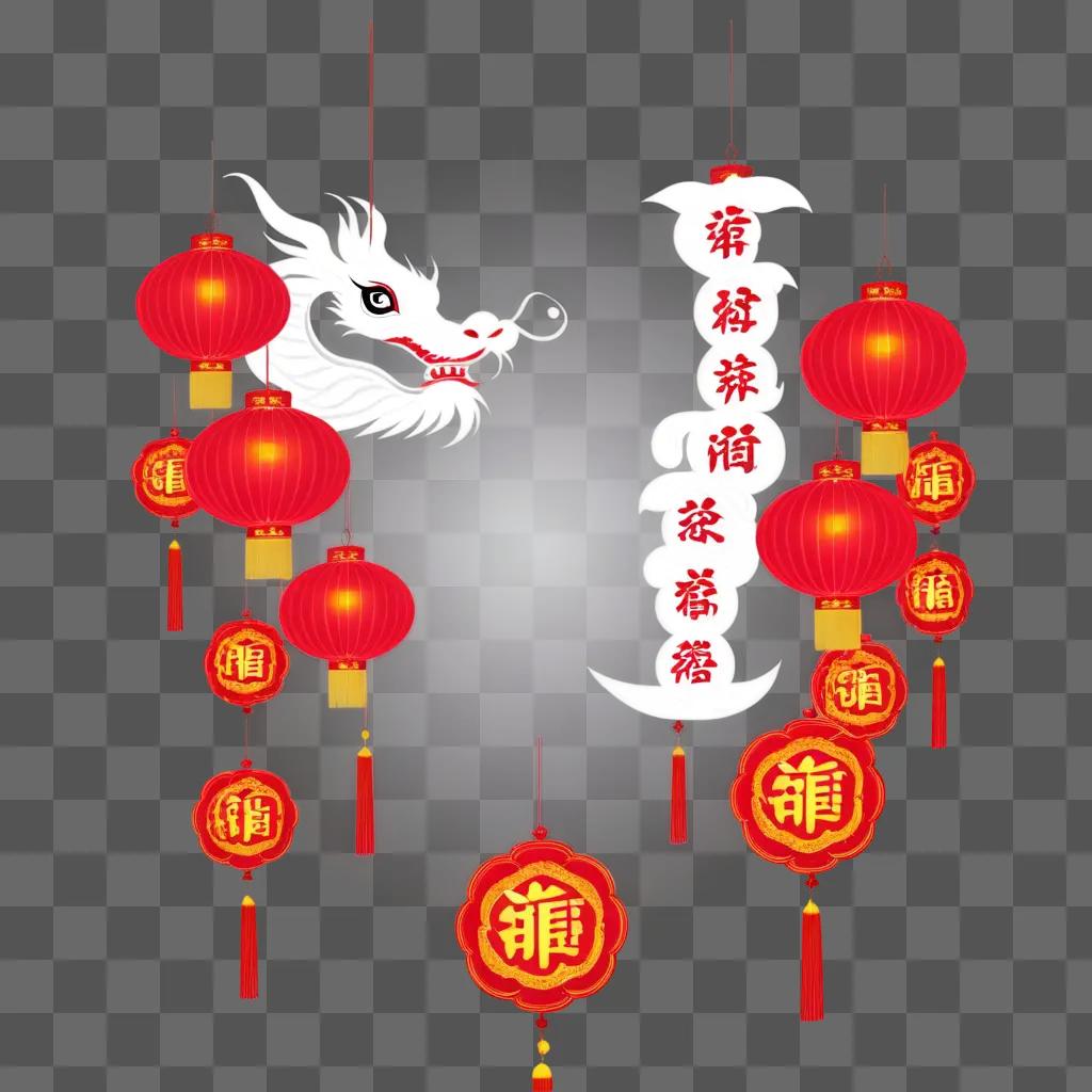 Chinese New Year decoration with dragon and red lanterns