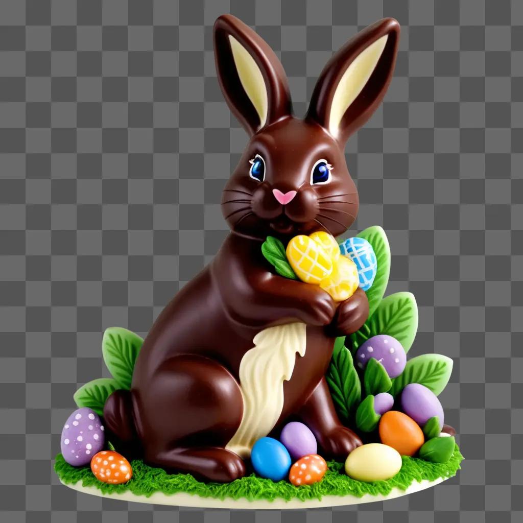 Chocolate bunny holding colorful eggs in a grassy setting