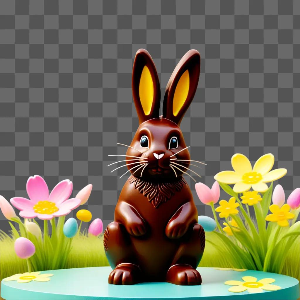 Chocolate bunny sitting in front of a flower display