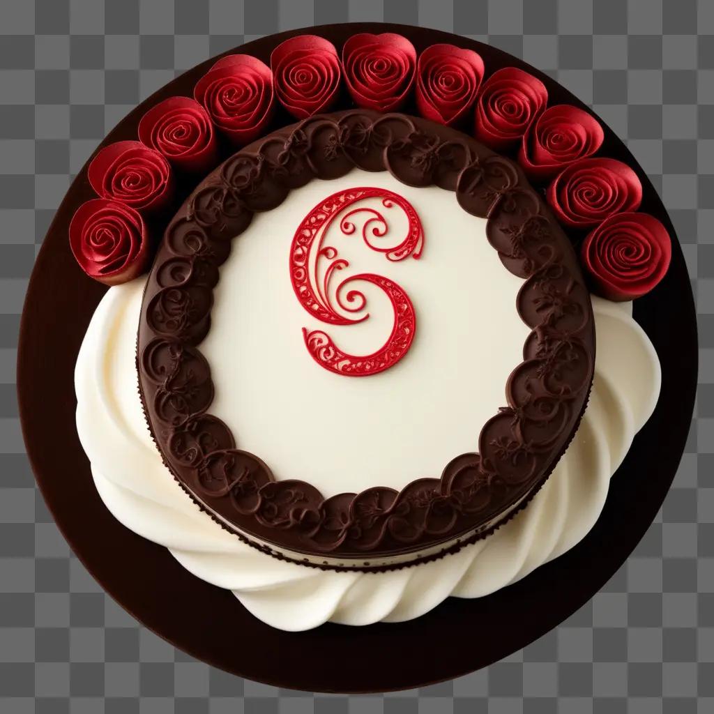 Chocolate cake with a red rose and the number six