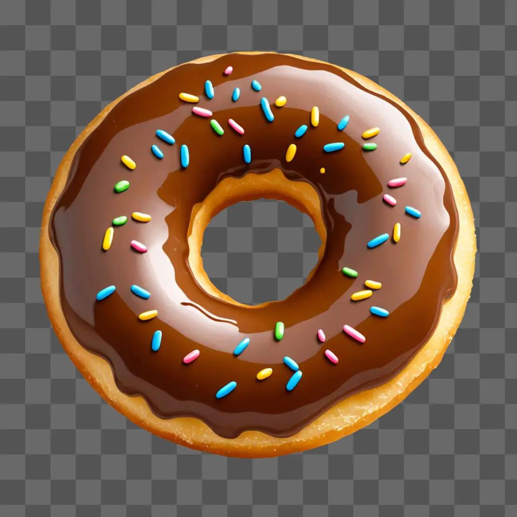 Chocolate frosted donut with colorful sprinkles on a brown background