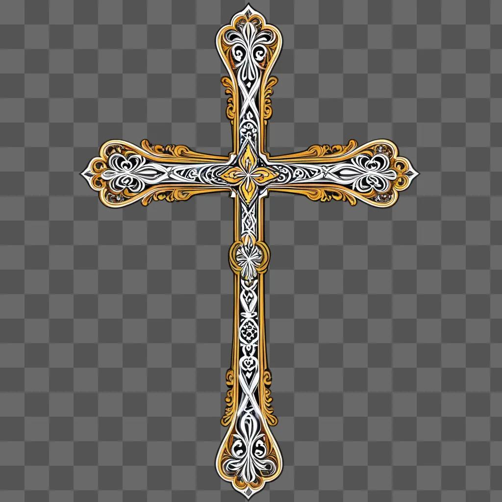 Christian cross with gold and white details on a brown background