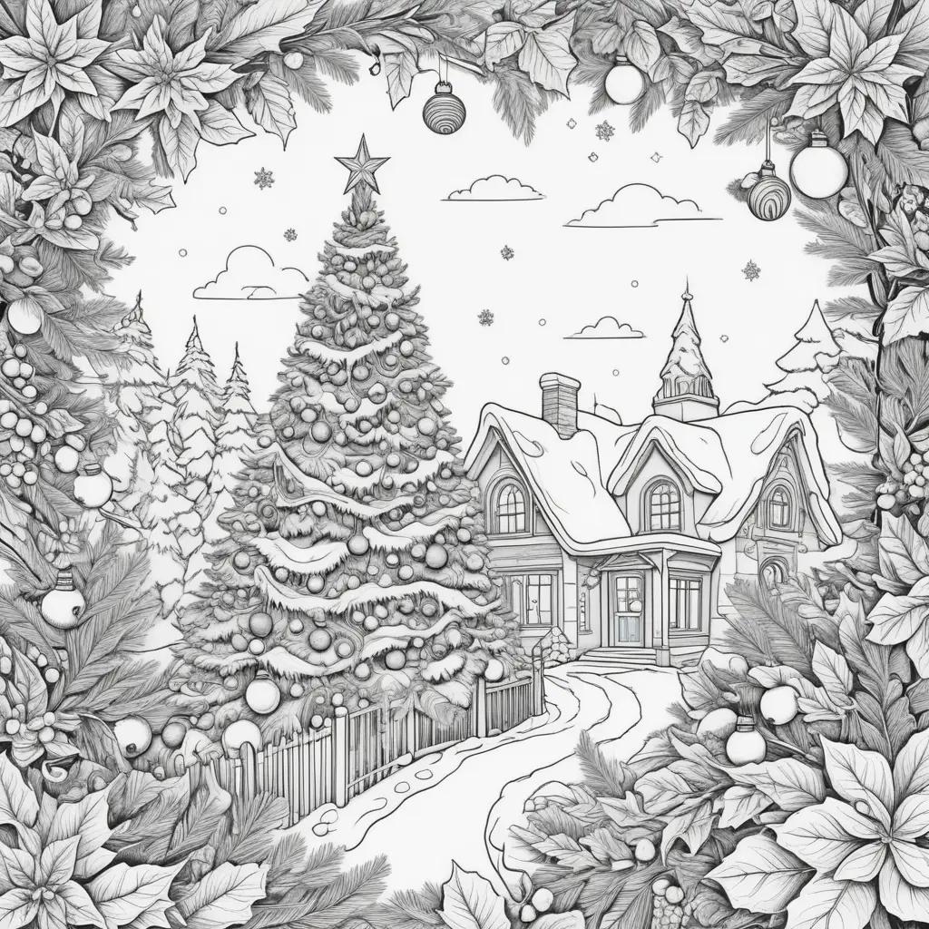 Christmas Coloring Page for Adult with Houses and Trees