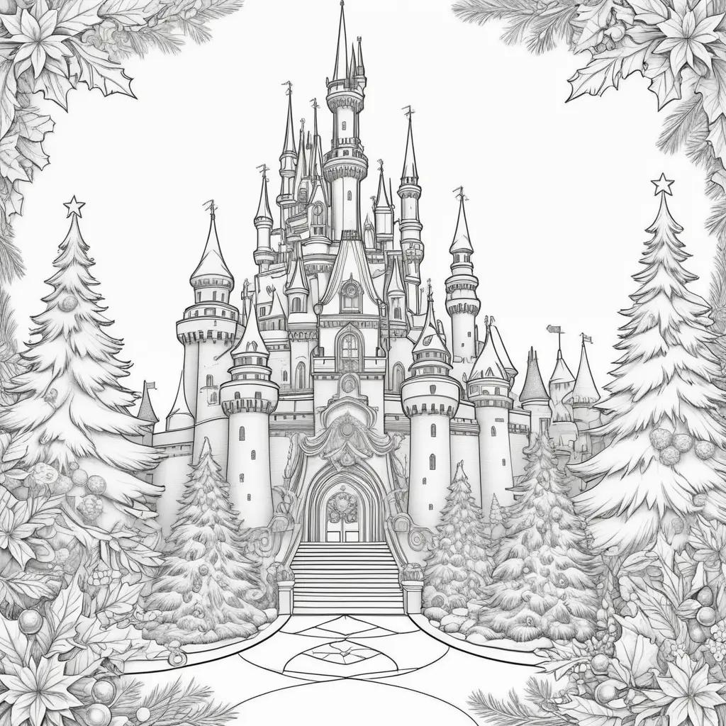 Christmas Disney coloring pages featuring a castle and Christmas trees