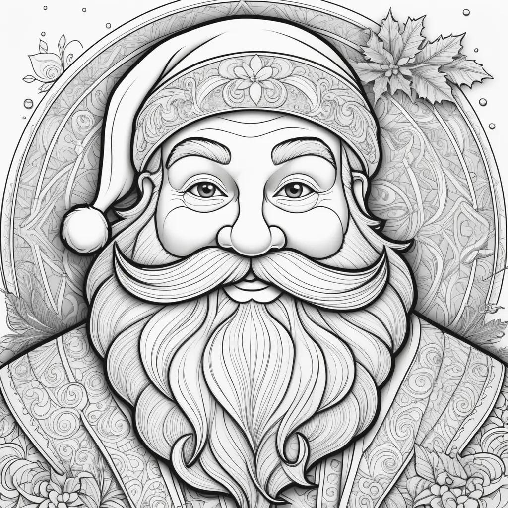 Christmas Santa Coloring Page with Flowers and Leaves