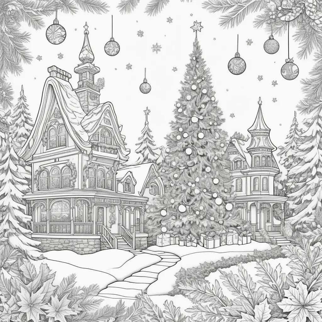 Christmas Tree Coloring Page with Decorations and Houses