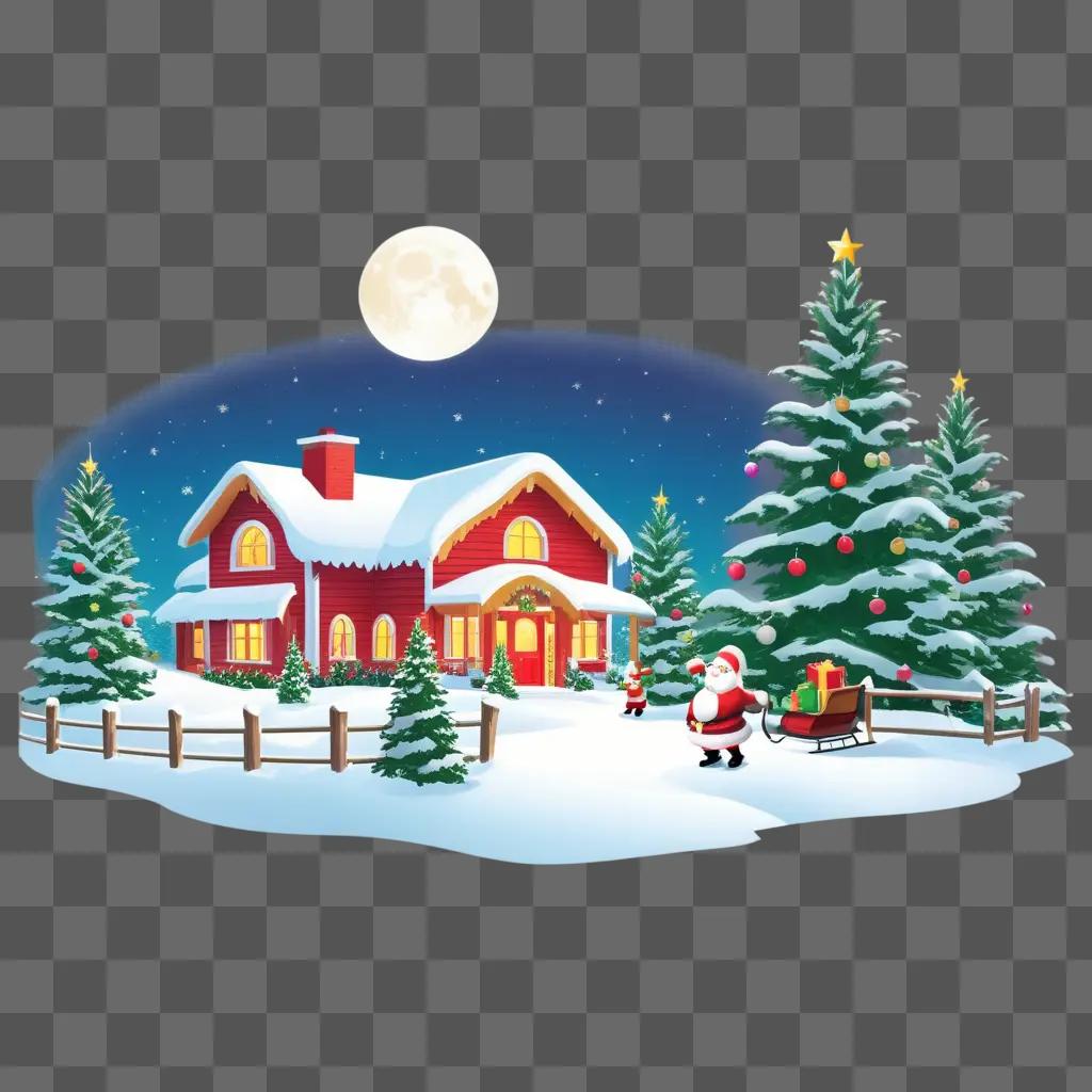 Christmas background with Santa, Christmas trees, and stars