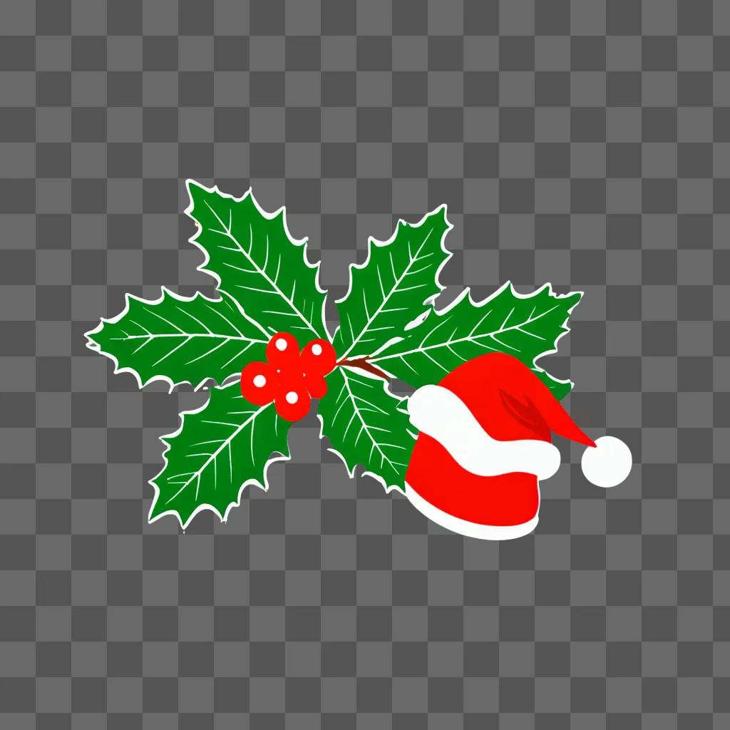 Christmas background with a cute hat and holly leaves