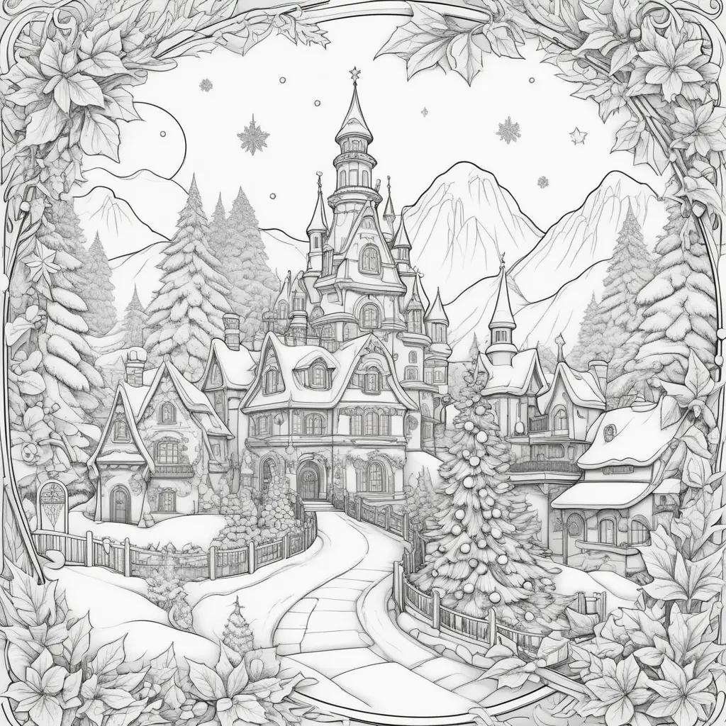 Christmas castle coloring pages with snow and trees