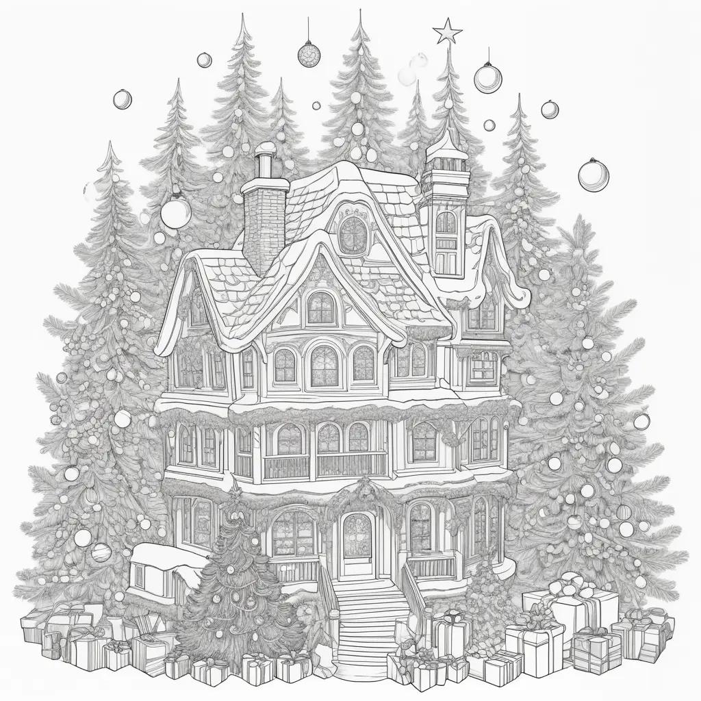 Christmas coloring page with a house, gifts, and a tree