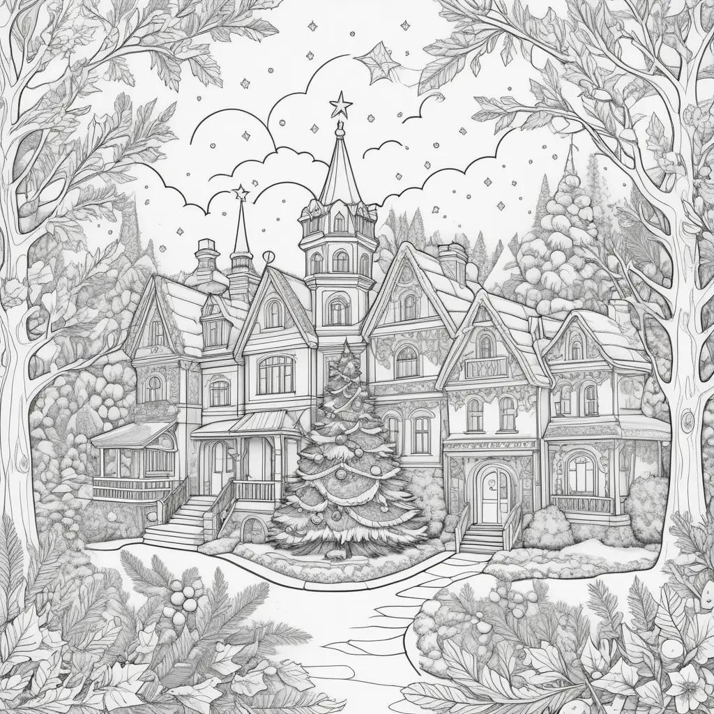 Christmas coloring page with trees and house