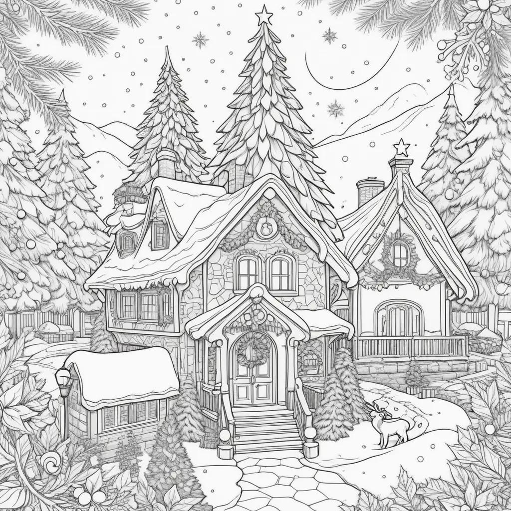 Christmas coloring pages featuring a cozy house and a snowy landscape