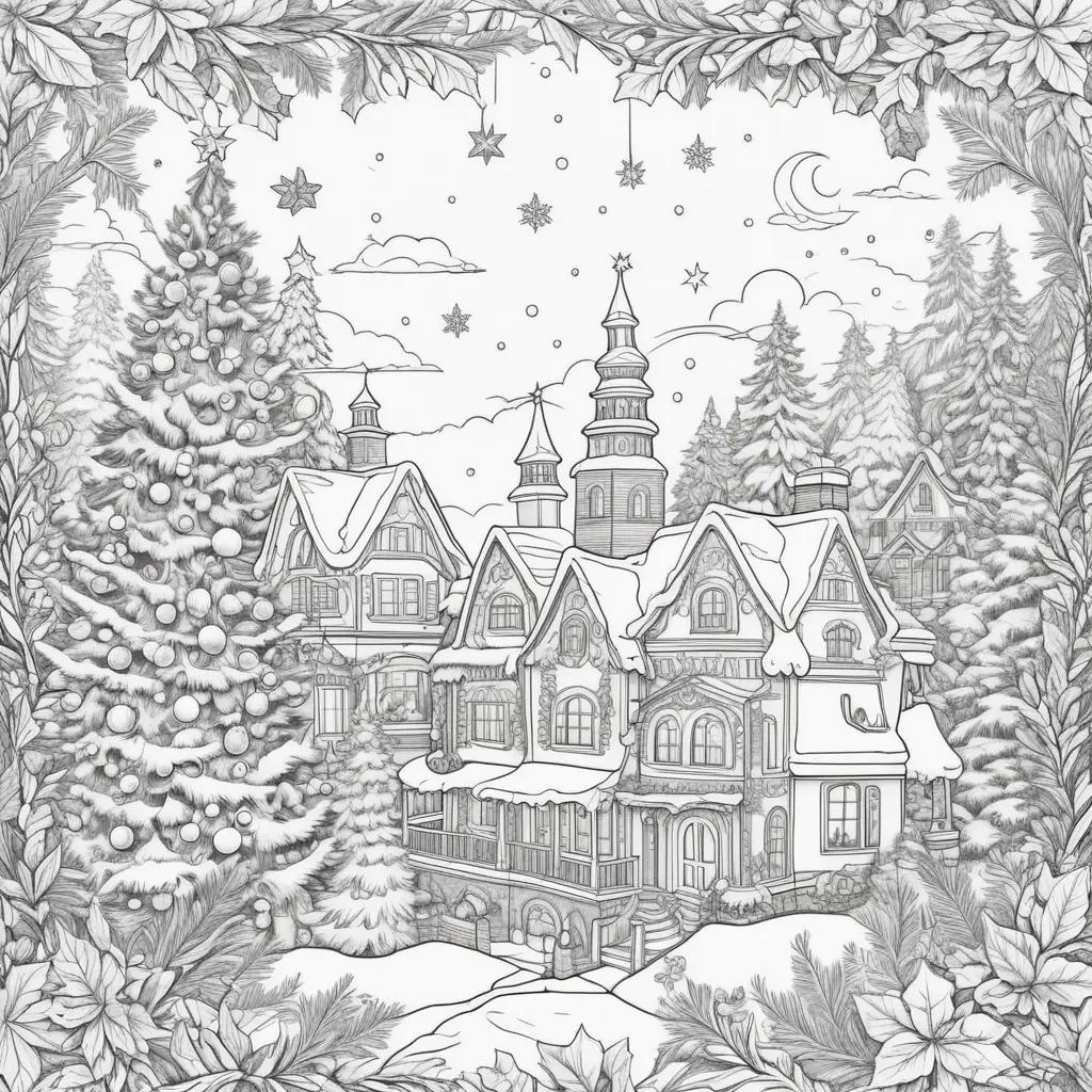 Christmas coloring pages for adults featuring a castle and a snowy landscape