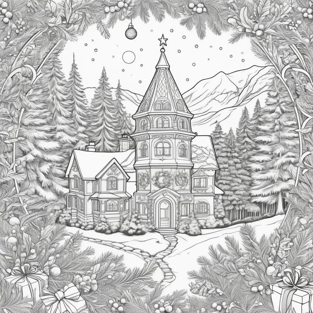 Christmas coloring pages for adults featuring a castle and trees