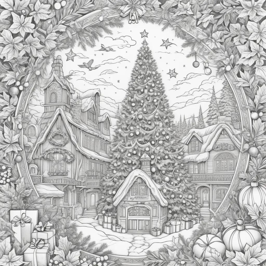 Christmas coloring pages for adults with a tree and buildings