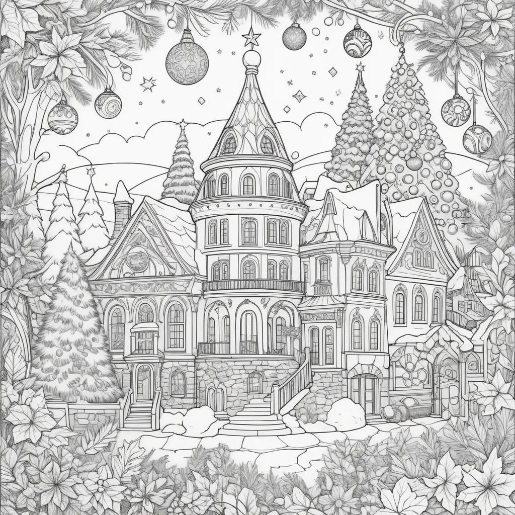 Christmas coloring pages with a building and trees