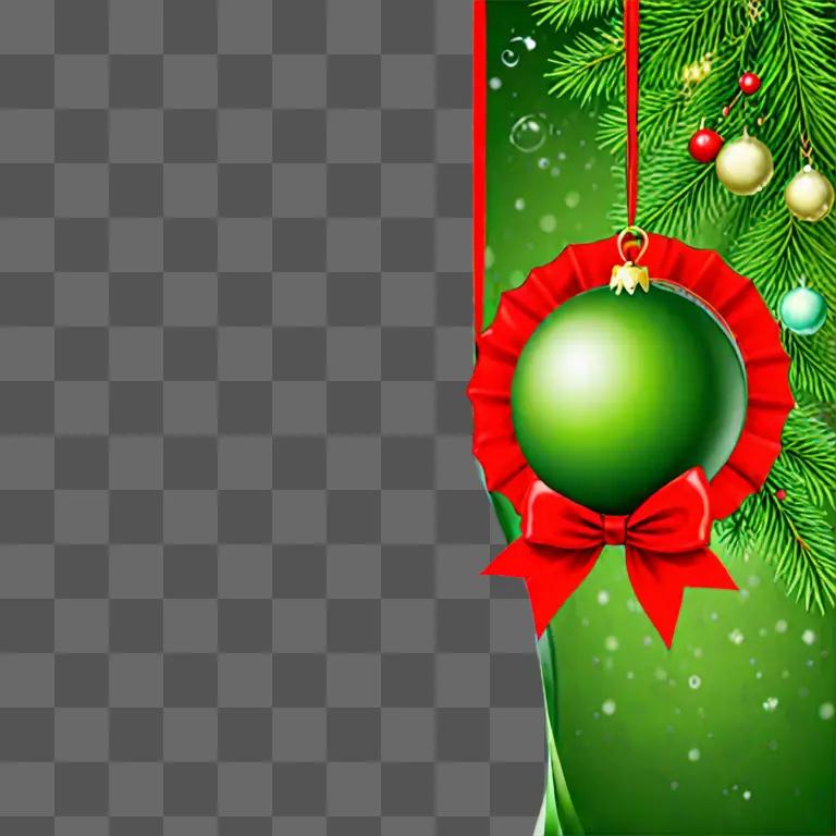 Christmas decorations hang from a green background