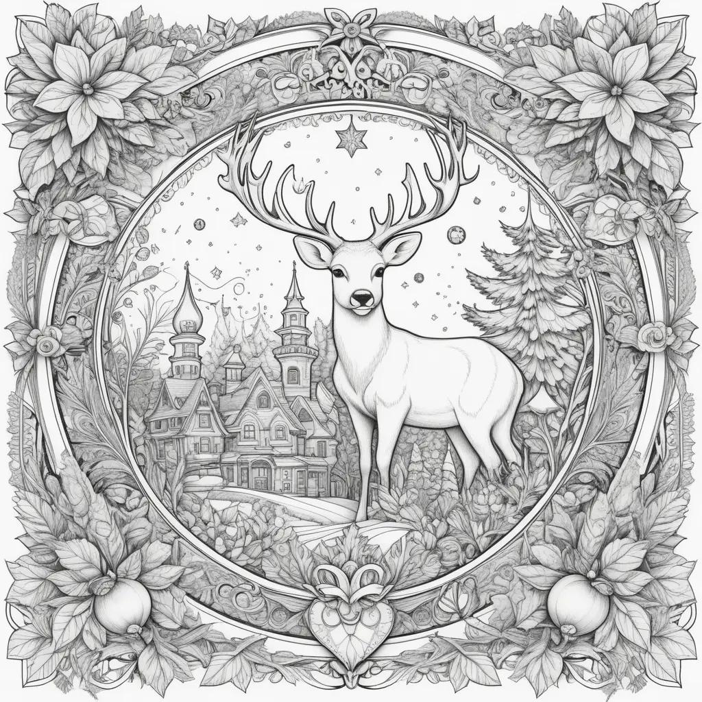 Christmas deer and houses in a winter scene