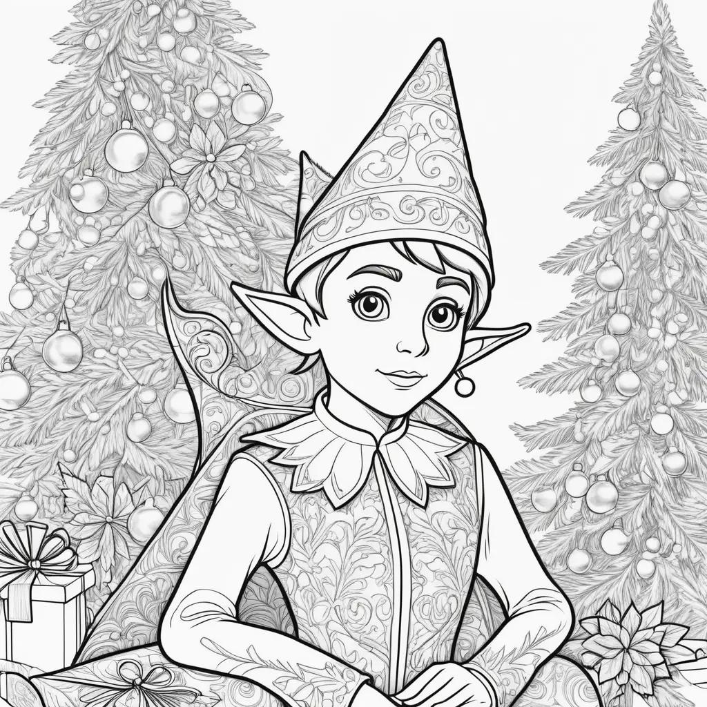 Christmas elf coloring pages with trees and presents