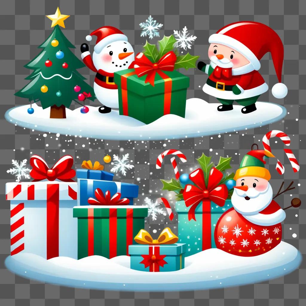 Christmas gifts, Santa, snowman, and candy canes in festive clipart