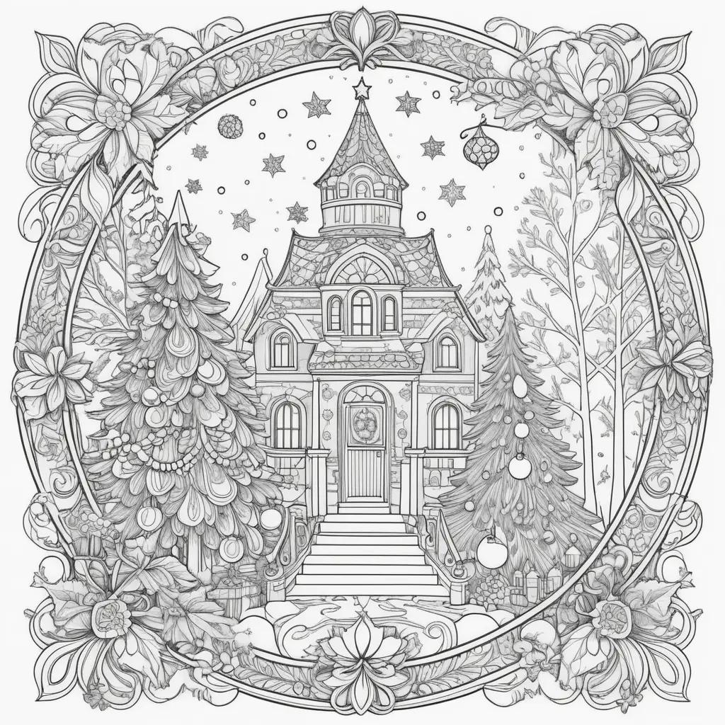 Christmas house coloring page with stars and trees