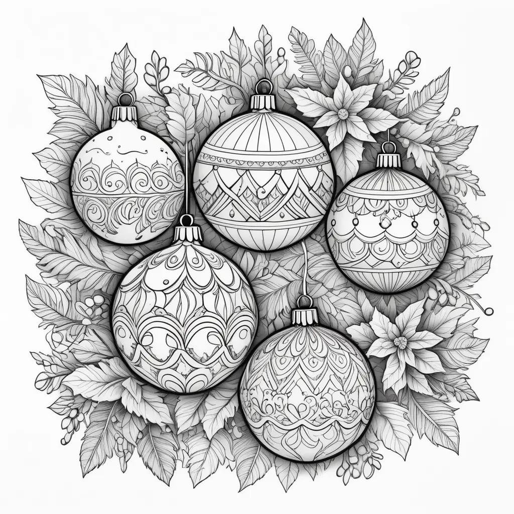 Christmas ornaments coloring pages: black and white art with floral elements