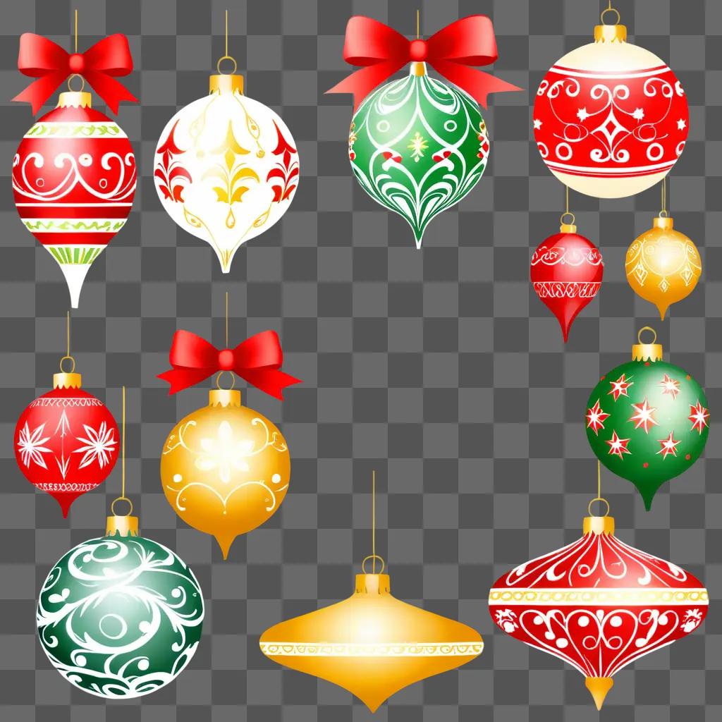 Christmas ornaments in clipart on a red background