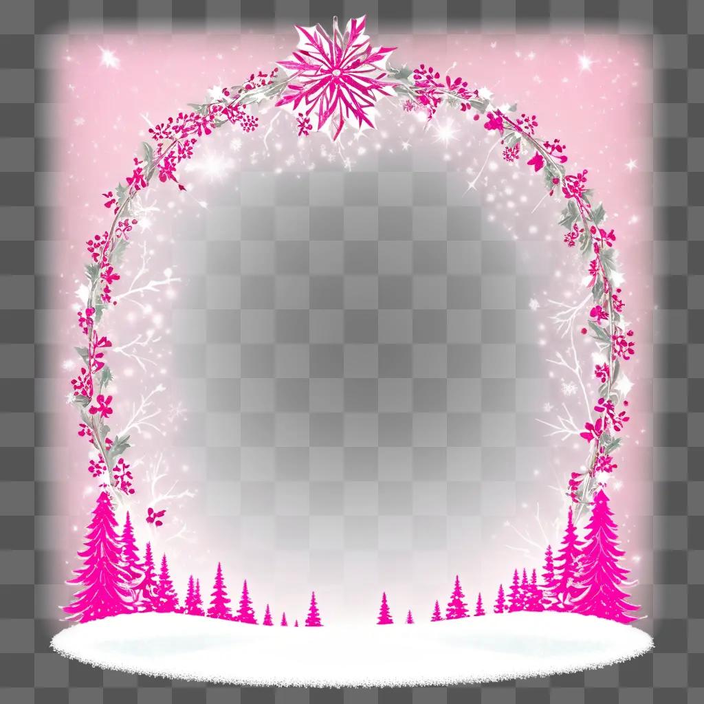 Christmas pink background with trees and flowers