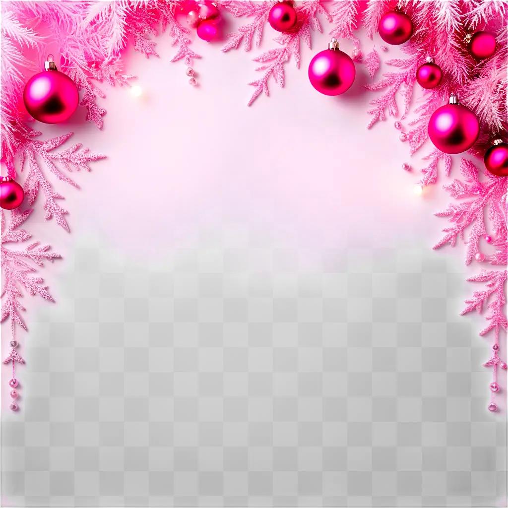 Christmas pink ornaments and trees on a white background