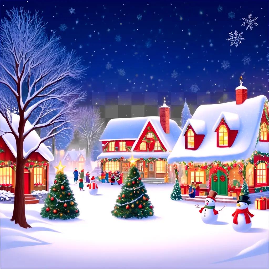 Christmas scene with snow, lights, and people