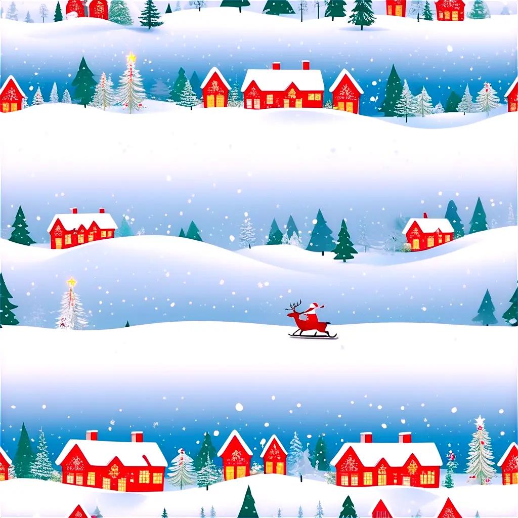 Christmas scene with snowy background and red reindeer