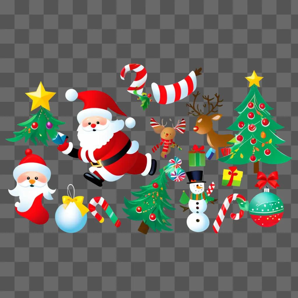 Christmas tree clipart with Santa, reindeer, snowman and presents