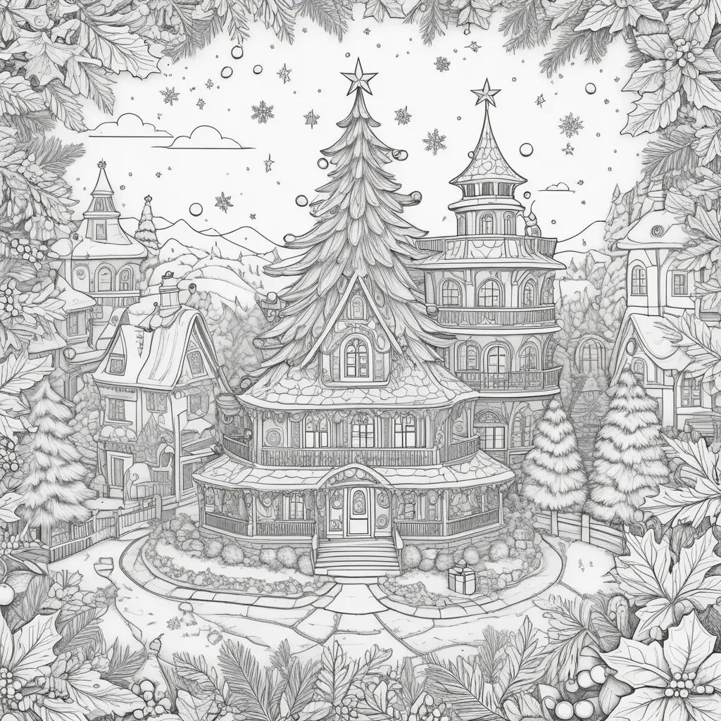 Christmas tree coloring page with a house in the middle