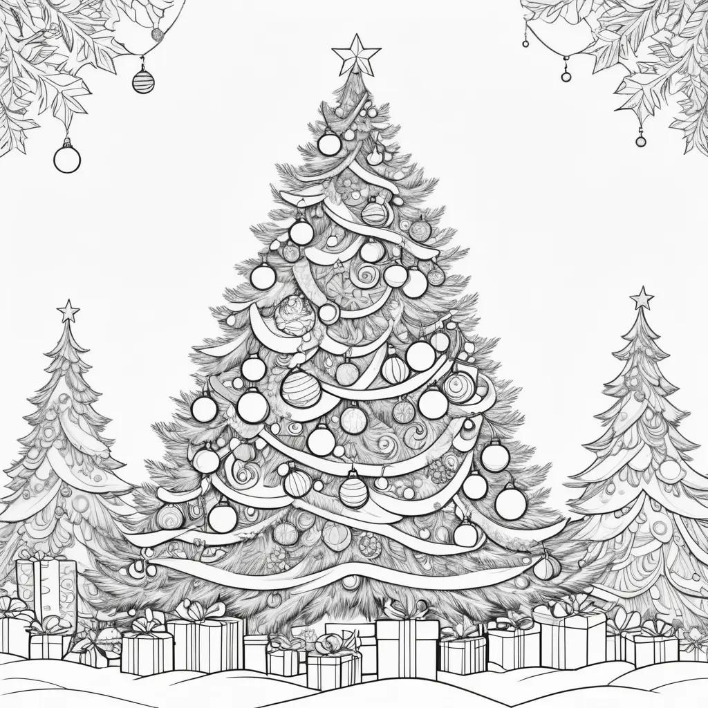 Christmas tree coloring page with ornaments and gifts