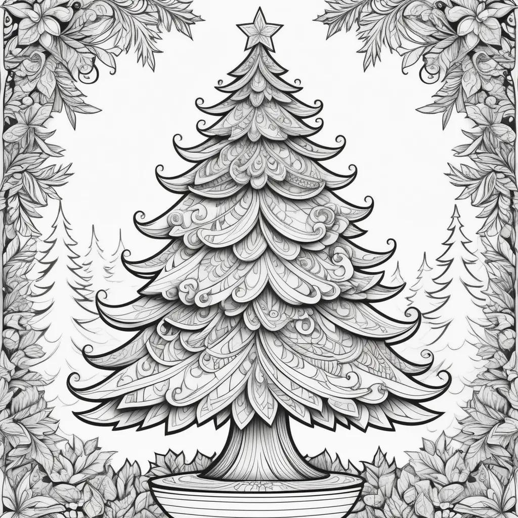 Christmas tree coloring page with ornaments and star