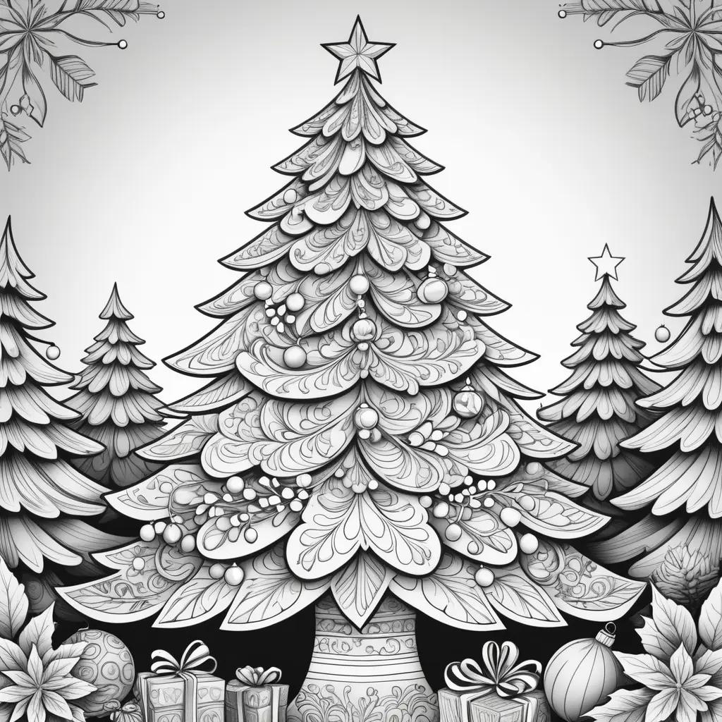 Christmas tree coloring page with presents and star