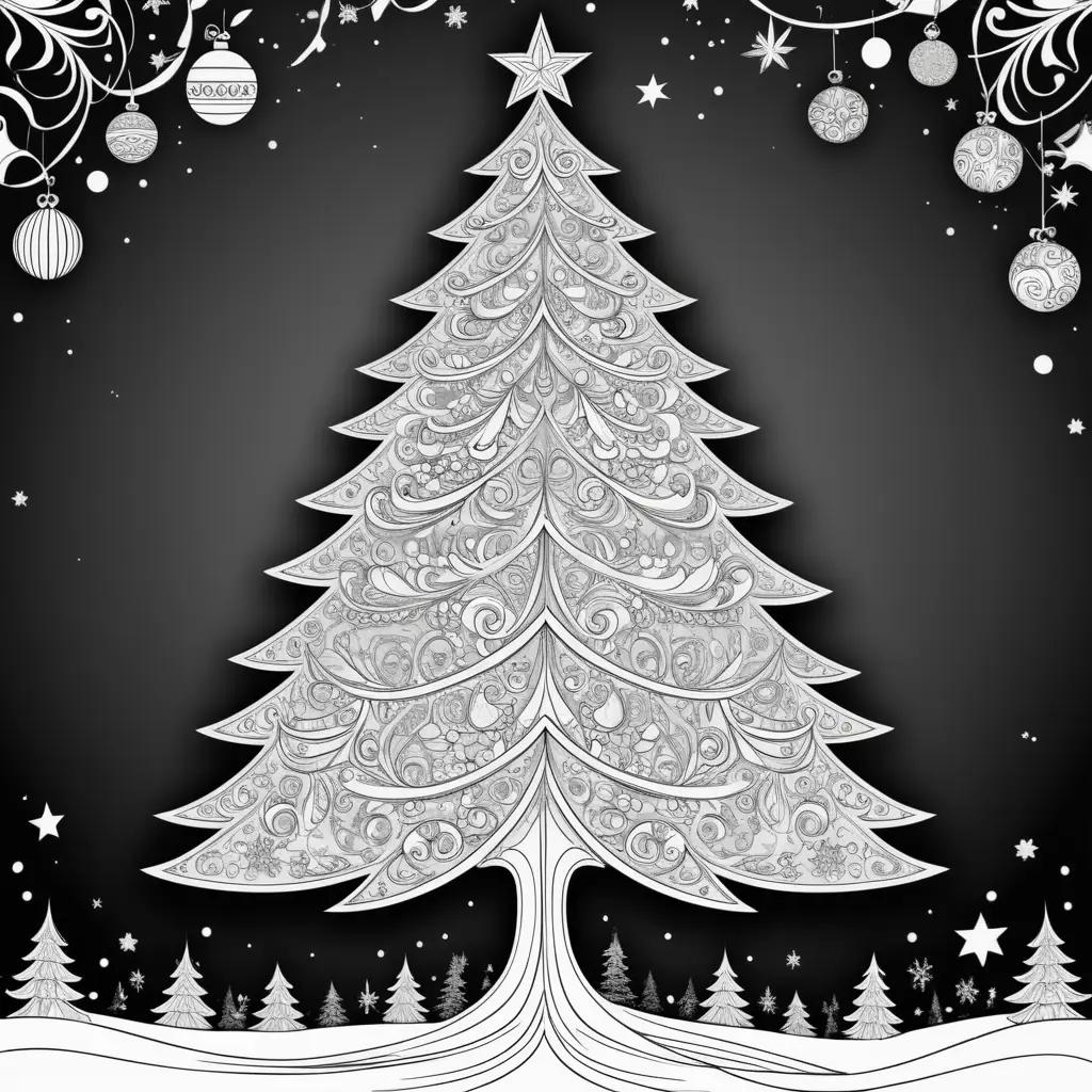 Christmas tree coloring page with stars and ornaments