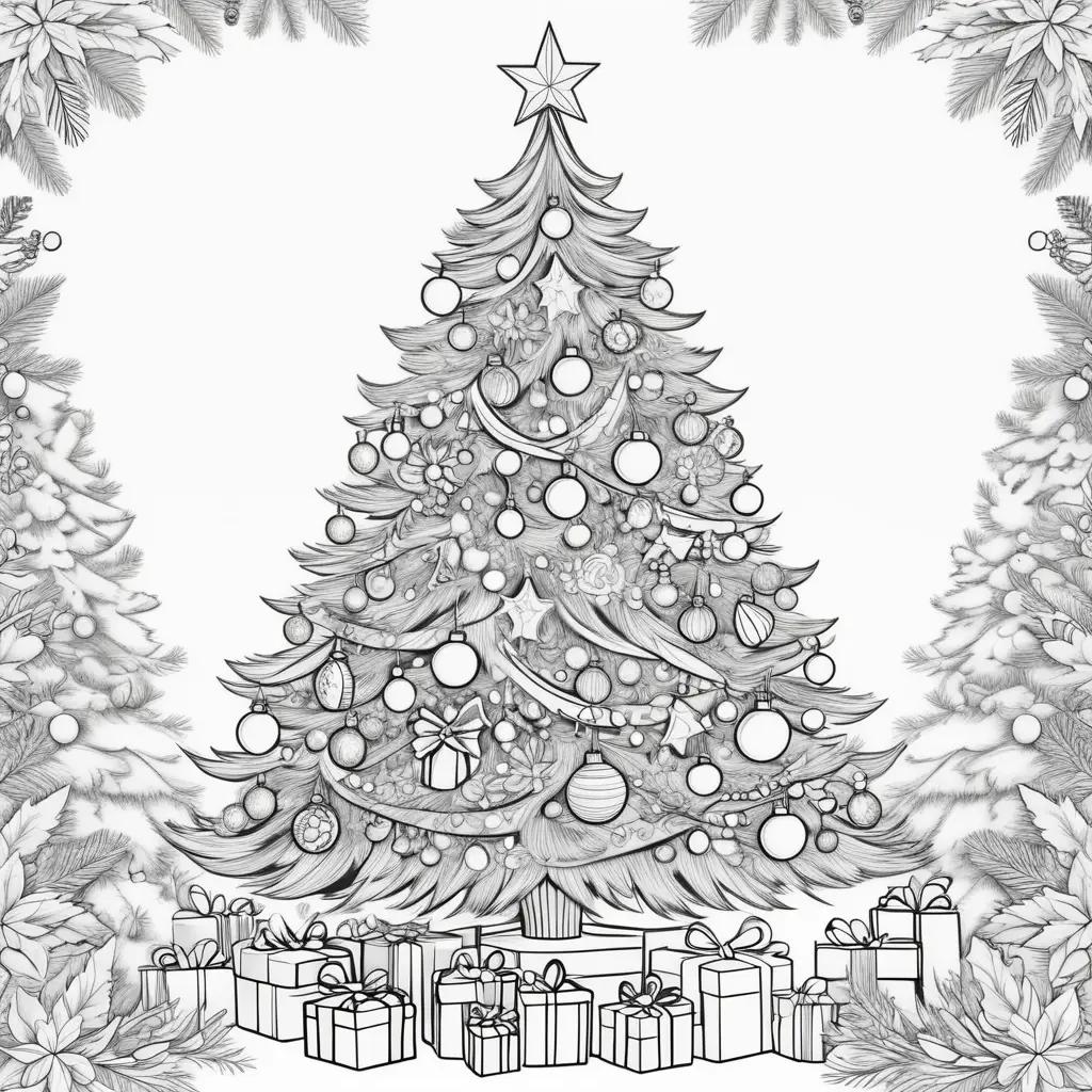 Christmas tree coloring pages with presents and stars