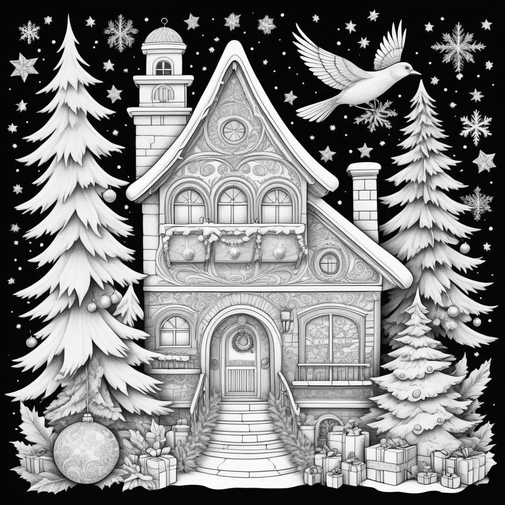 Christmas tree house coloring page with birds