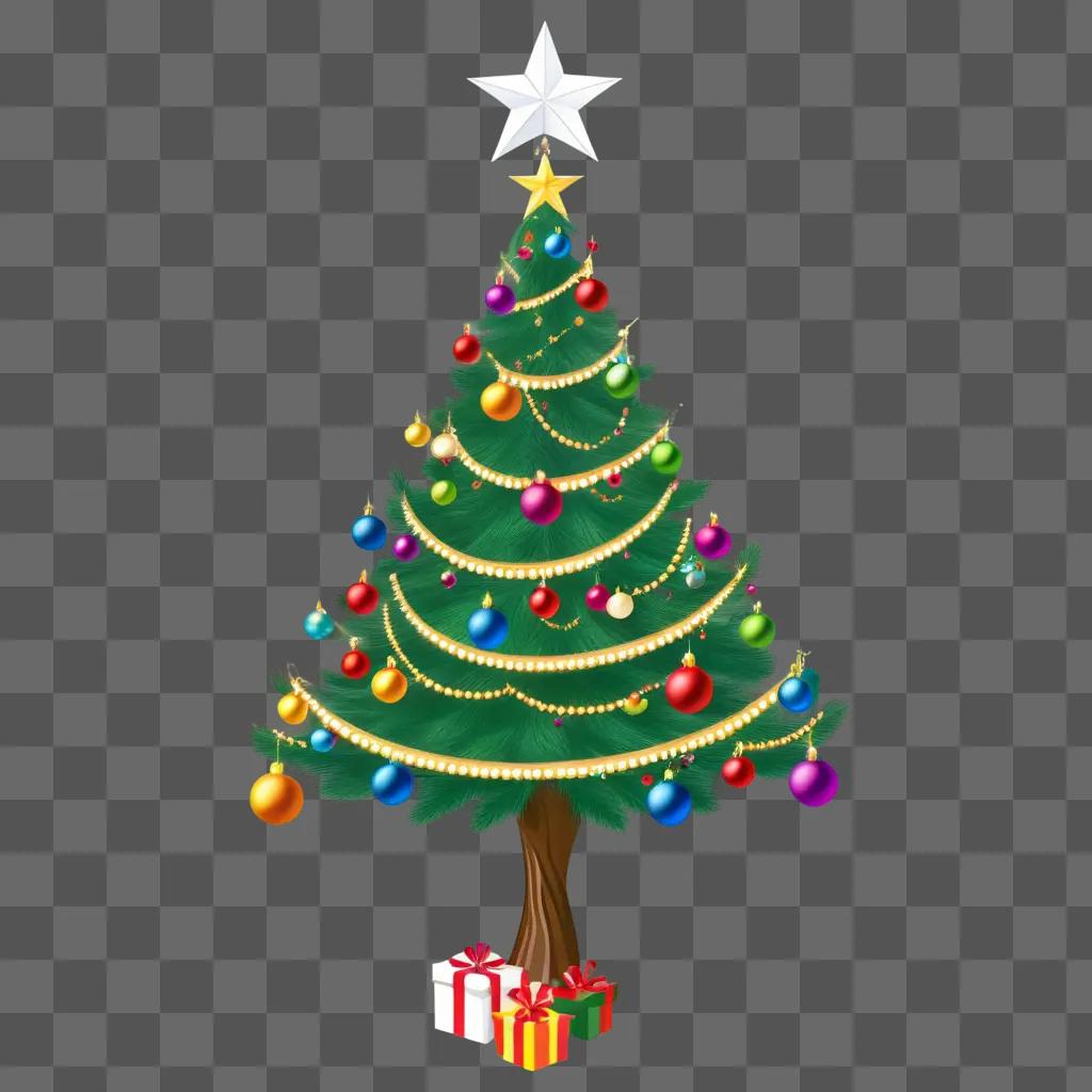 Christmas tree with colorful ornaments and presents