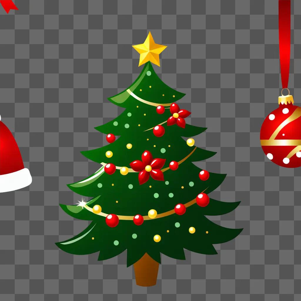 Christmas tree with decorations and a star on a transparent background