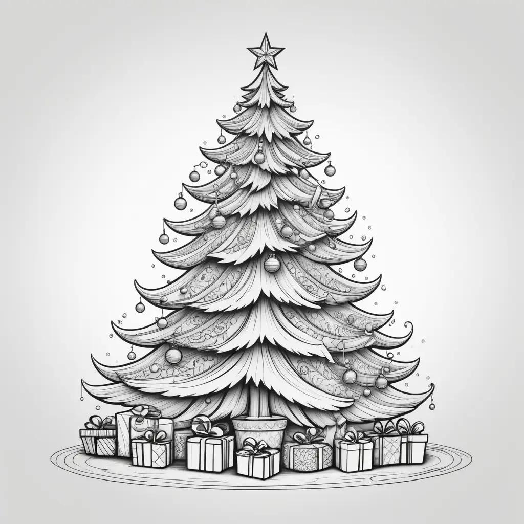 Christmas tree with ornaments and gifts, in a black and white coloring page