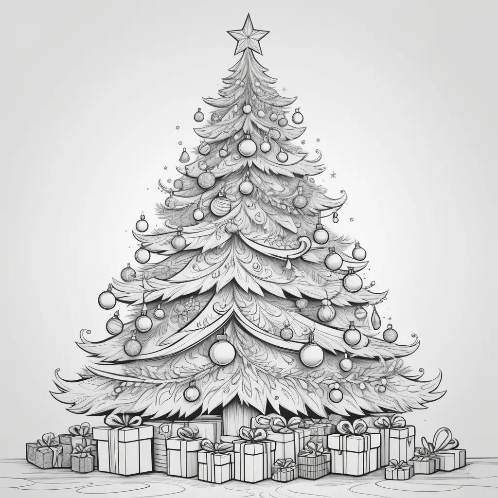 Christmas tree with ornaments and gifts on a black and white page