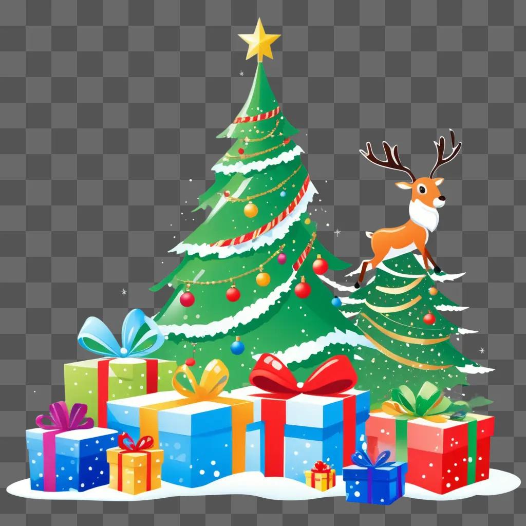 Christmas tree with presents and reindeer in colorful background