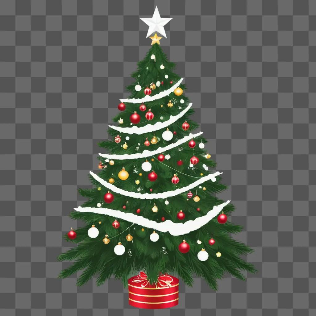 Christmas tree with white and red ornaments on black and white background