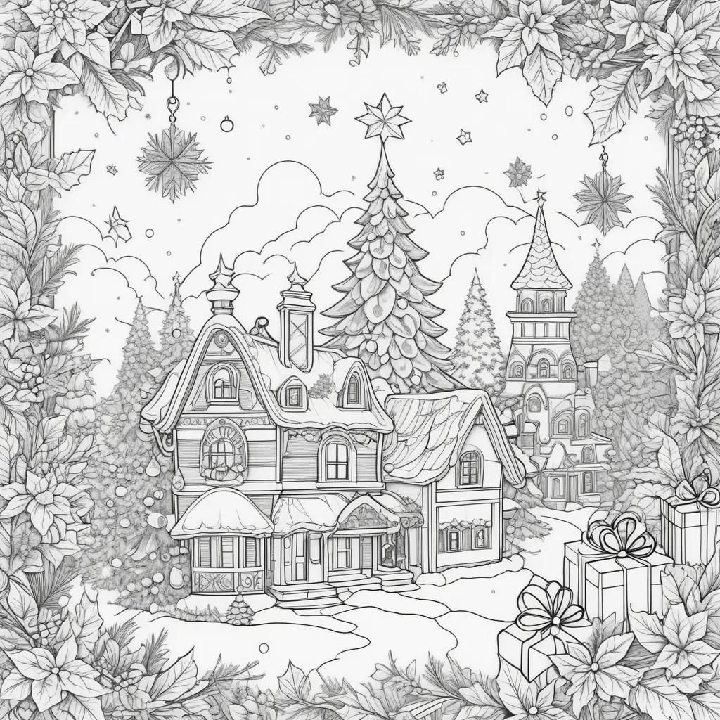 Christmas trees and houses in a coloring page