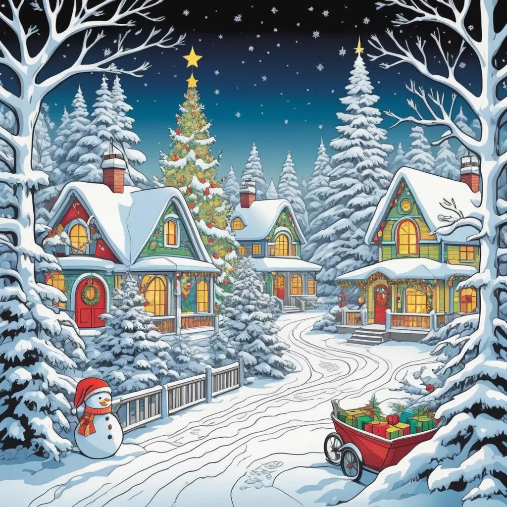 クリスマスの村、数字で色、雪景色