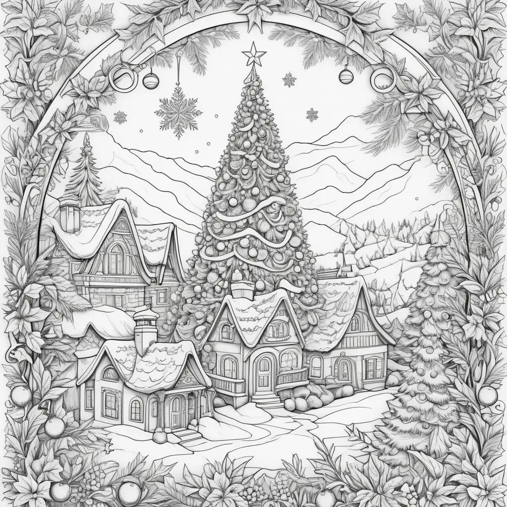 Christmas village coloring page with tree and houses